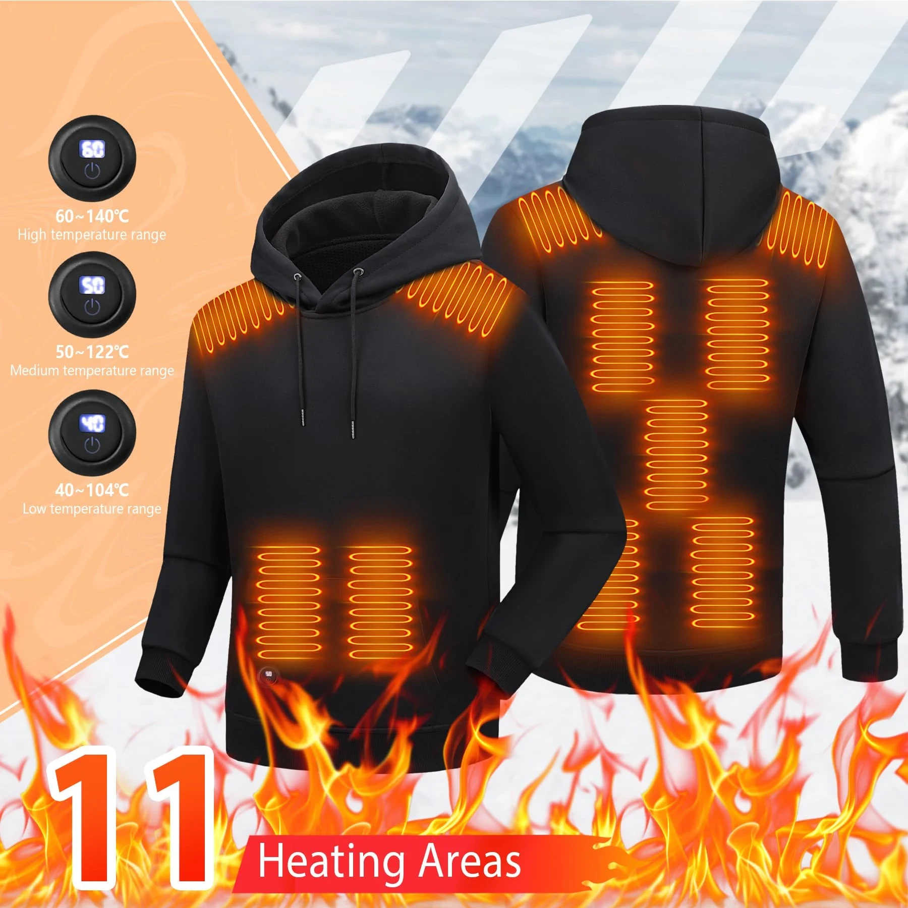 Smart Heated Hoodie With 11 Heating Zones, 3 Adjustable Temperature, Quick Warm-Up Casual Solid Color, Long Sleeve, Hooded Sweatshirt For Men Women Winter Outdoor Activities, Travel, Hiking, Cycling, Skiing, Christmas Gift (Batteries Not Included)