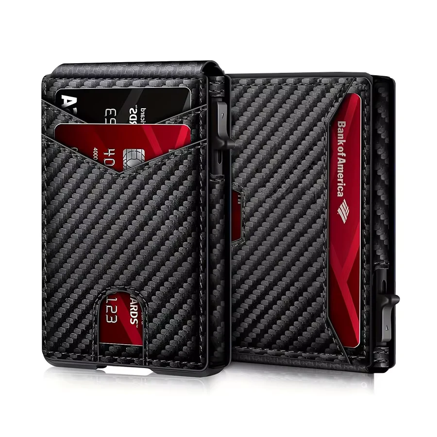 Men Vintage Leather Wallet RFID Blocking Aluminum Auto Pop Up Credit Card Holder for Men