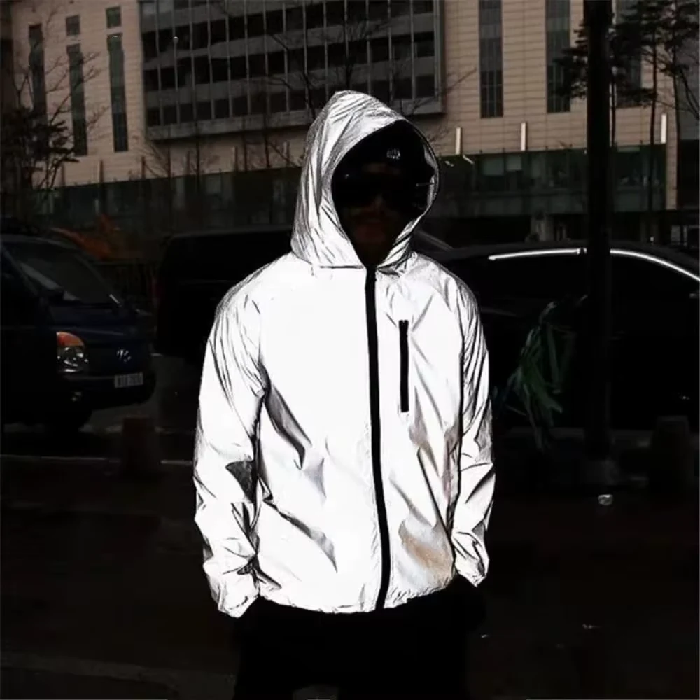 Night Warning Reflective Jackets with Chest Pocket Windproof Hooded Jacket High Street Spring/Autumn Reflective Windbreaker