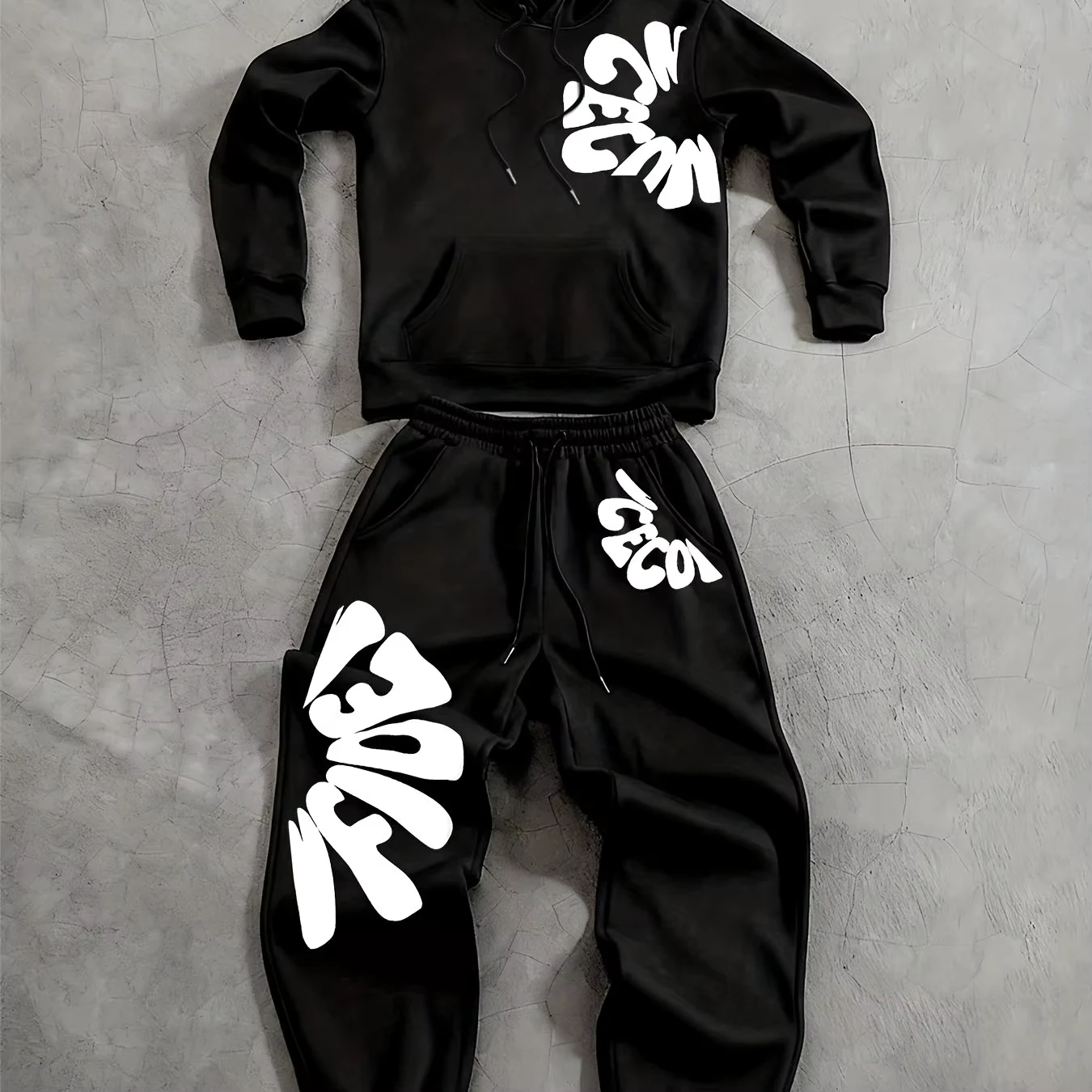 Men 2‑Piece Tracksuit,Letter Print Drawstring Pocket Hoodie + Drawstring Jogger Pants,Casual Outdoor Sportswear Matching Outfit