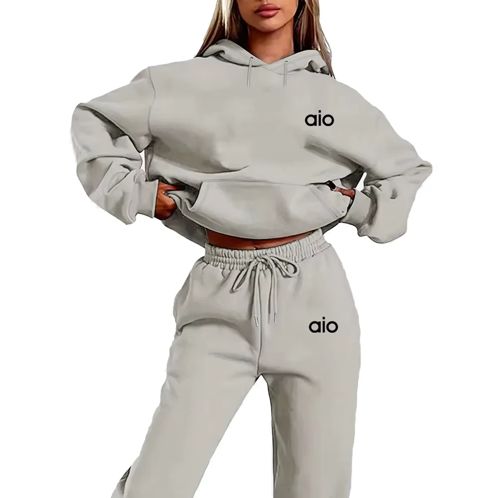 2026 ai Printing High Quality Women Monochrome Hooded Hoodie Set Casual Two-Piece Set New Fashion Hot sweatpants tracksuit