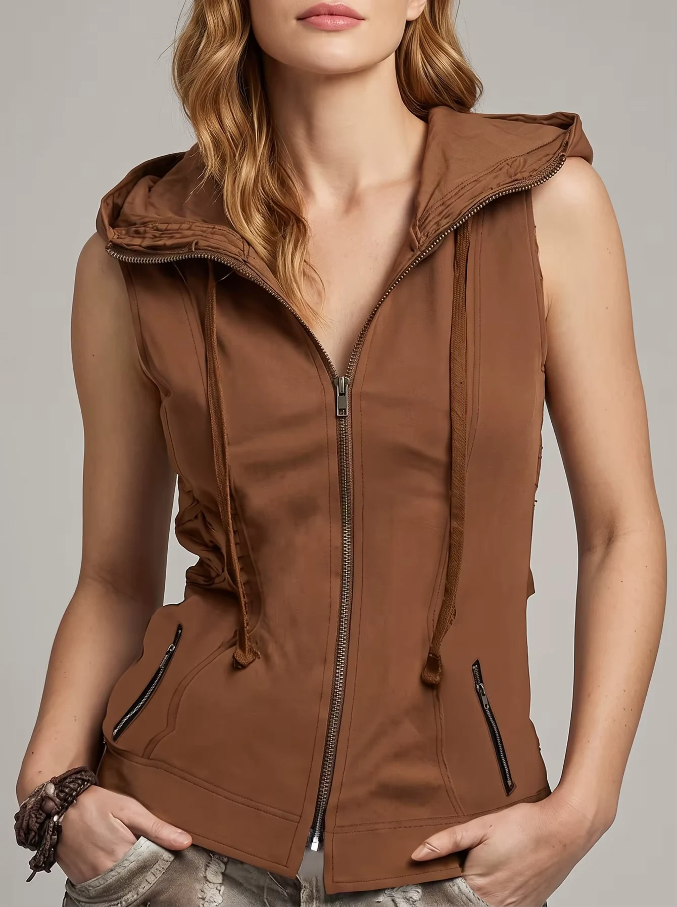 Women Hooded Sleeveless Zip Front Drawstring Ruched Side Zipper Pocket Slim Fit Vest Casual Daily Going Out Fashion Top