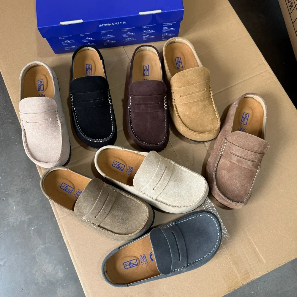 Ladies Backless Loafer Mules Genuine Cow Suede Leather Slip On Flats Women Men Clogs with Cork Footbed Casual Outdoor Slides