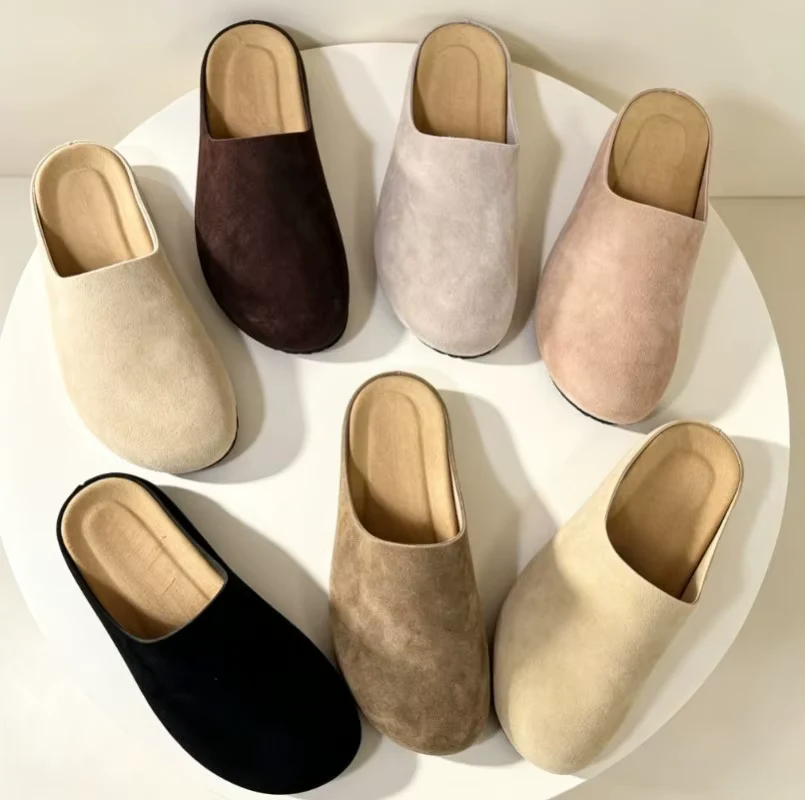 Men Women Mules Genuine Leather Cork Slippers Retro All-Match Flat Closed Toe Casual Footwear