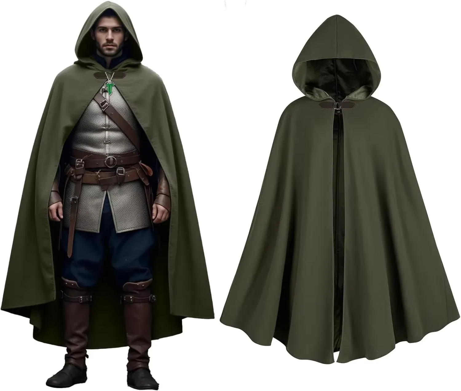 Cloak with Hood Men,Medieval Costume Men Round Metal Buckle Cloak with Green Leaf Brooch Necklace for Halloween