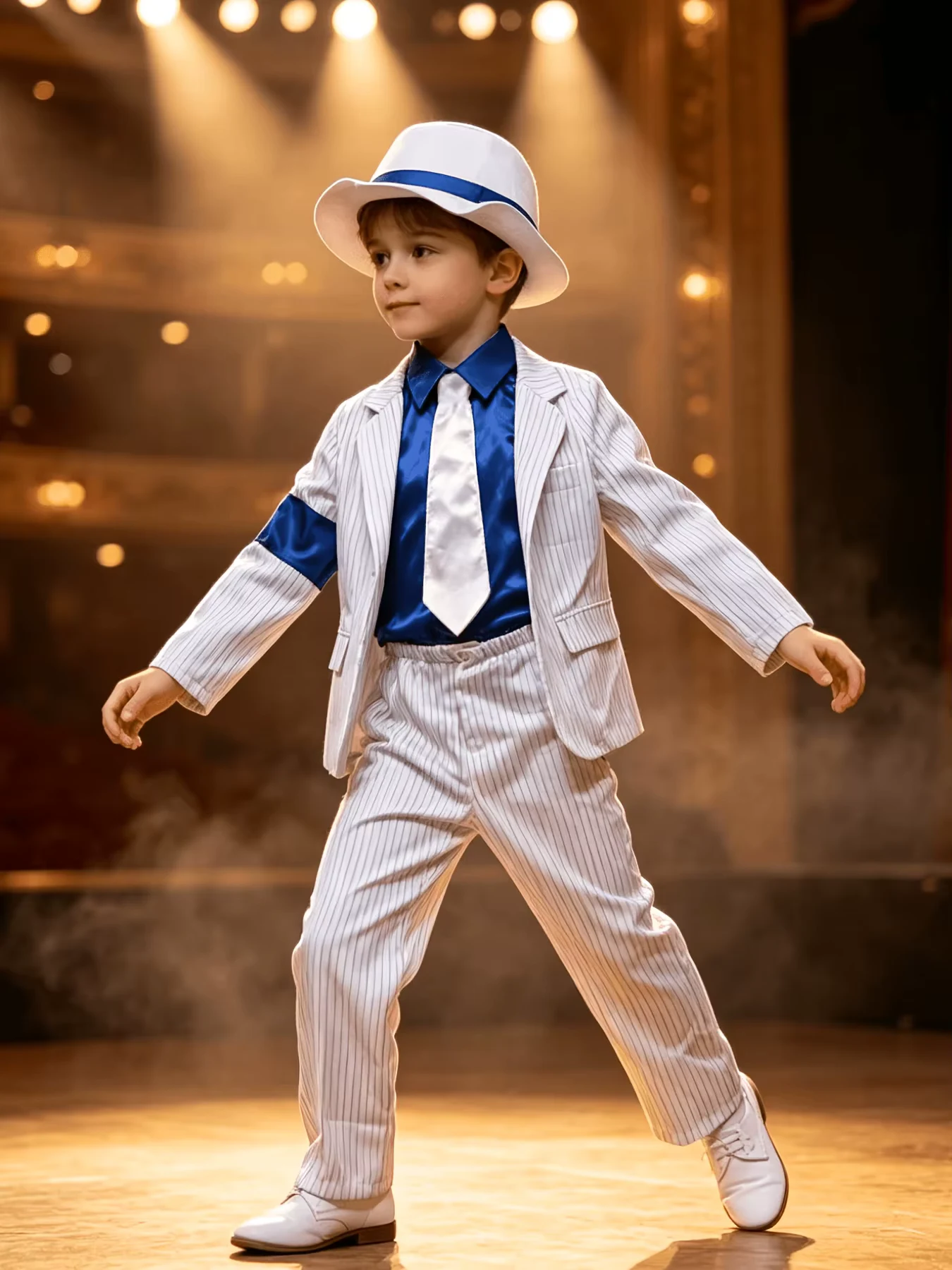 Boys striped suit costume set includes blazer, trousers, inner shirt, tie and decorated hat, retro dance outfit for Halloween party and stage performance
