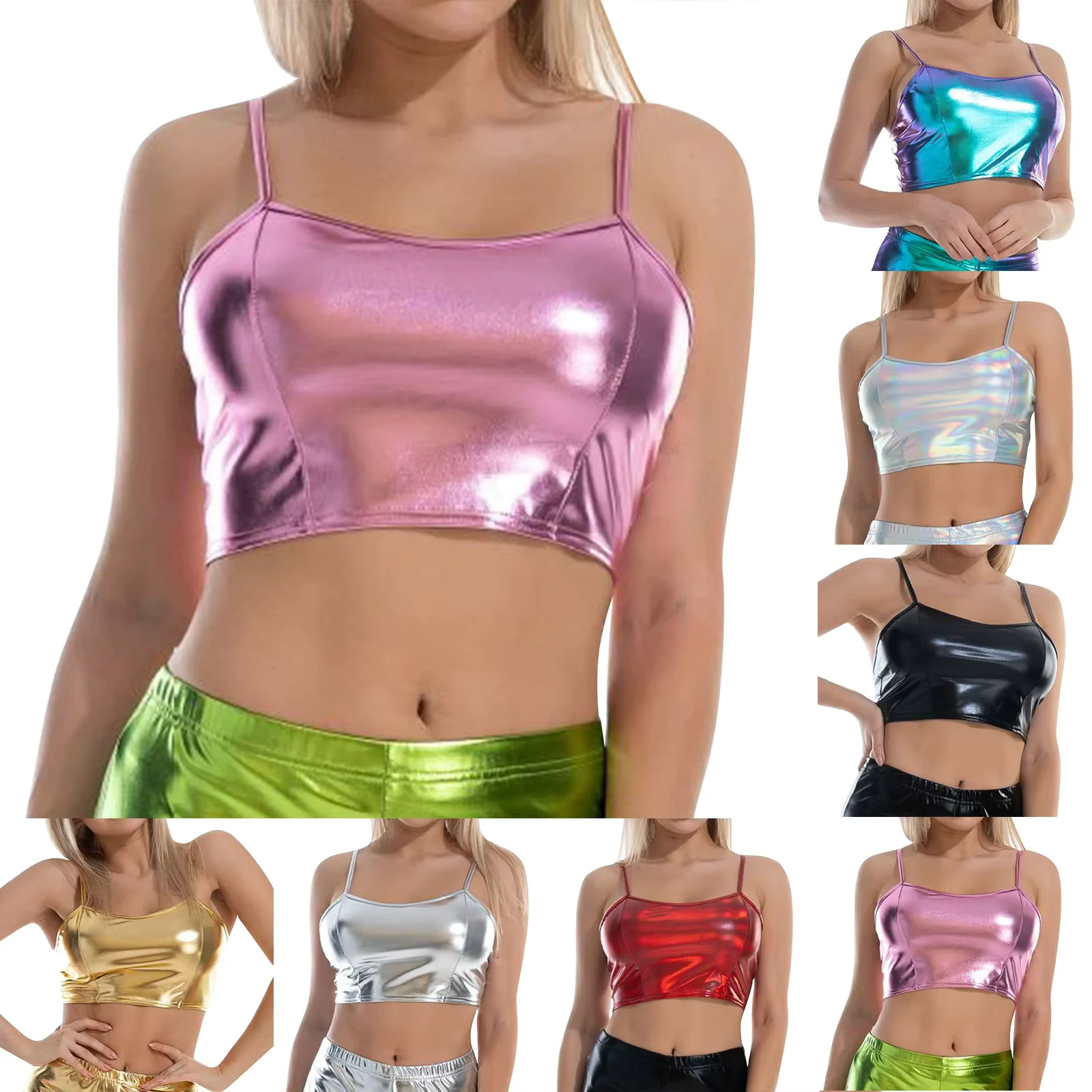 Women Sexy Reflective Bralette Crop Top Summer Holographic Cami Top Backless Adjustable Strap Tank Top Camis Clubwear