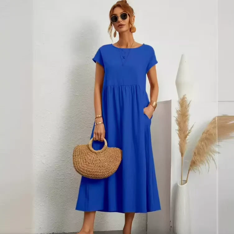 Women's Cotton Linen Midi Dress with Pockets
