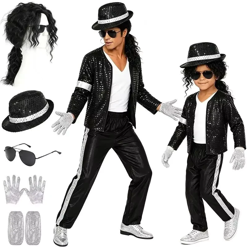 Adult Michael Jackson Cosplay Costume Wig Black Fashion Stage Clothing full set Adult Ma 2026Woman 90s Hip Hop Halloween Outfit