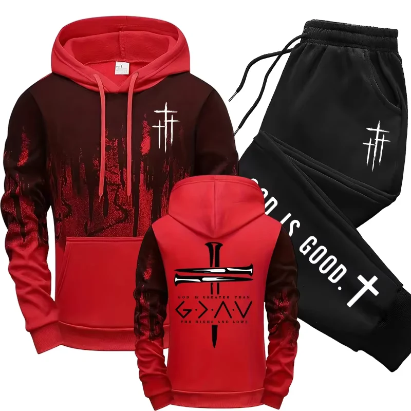 Fall Winter Daily Casual Fashion Sportswear Outdoor Jogger Fitness Outfit Jesus Christ Mens Tracksuit Hoodie&sweatpants 2pcs Set