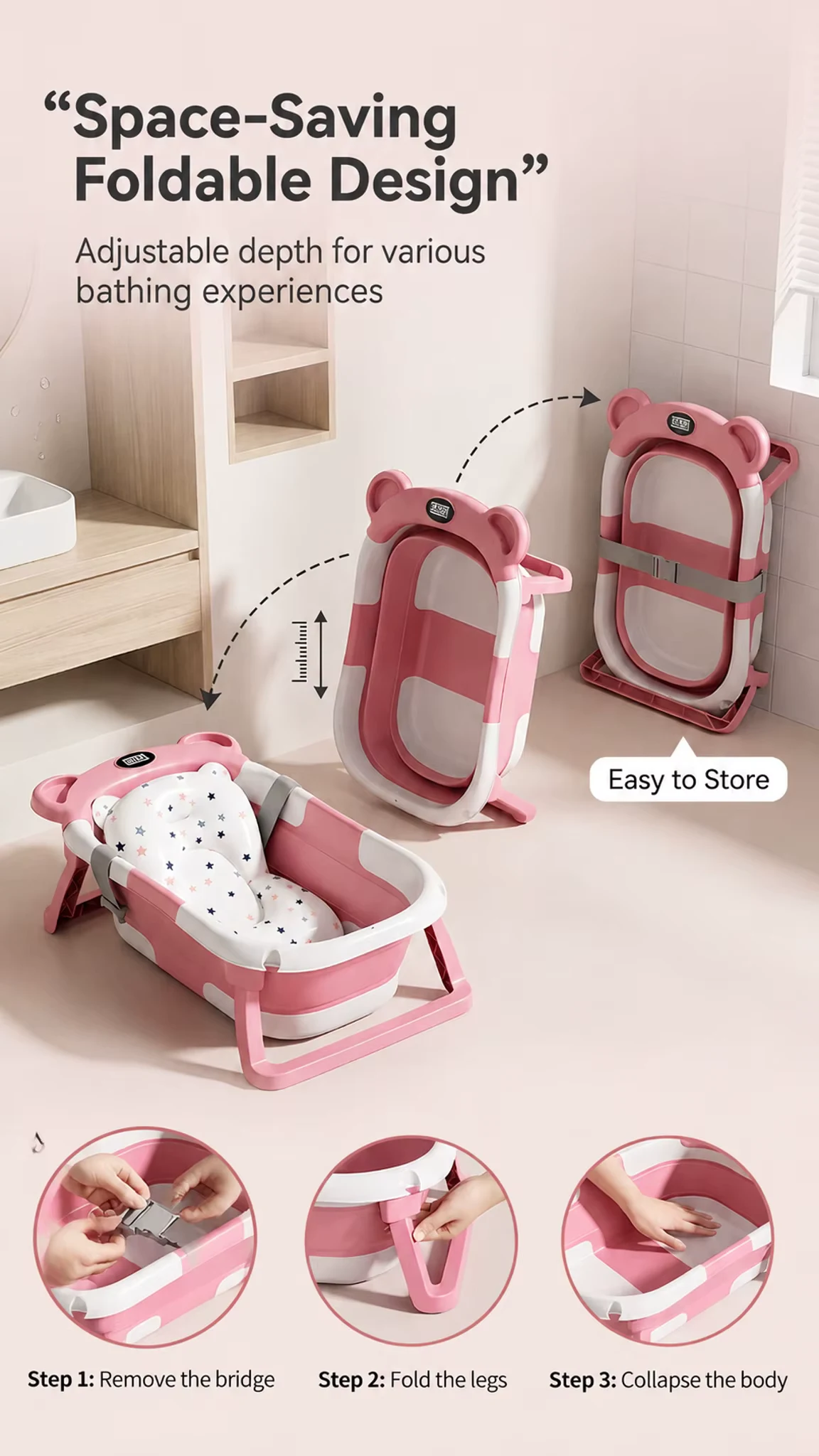 UBRAVOO Foldable Baby Bathtub Set With Detachable Parts And Temperature Display; Suitable For Newborns And Infants Aged 0 To 36 Months.