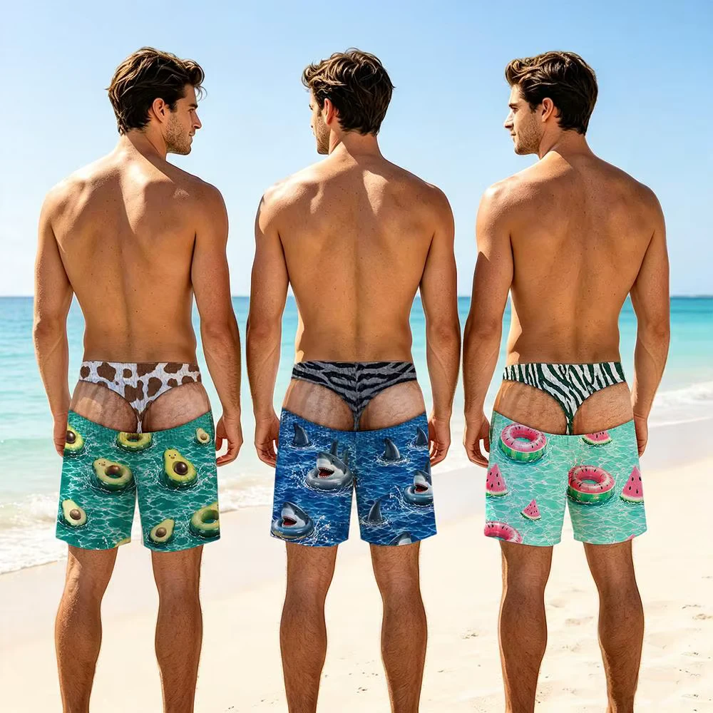 Funny 3D Fake Hip Printed Swim Trunks Men's Quick Dry Drawstring Board Shorts Summer Fashion Beach Party Novelty Swimwear