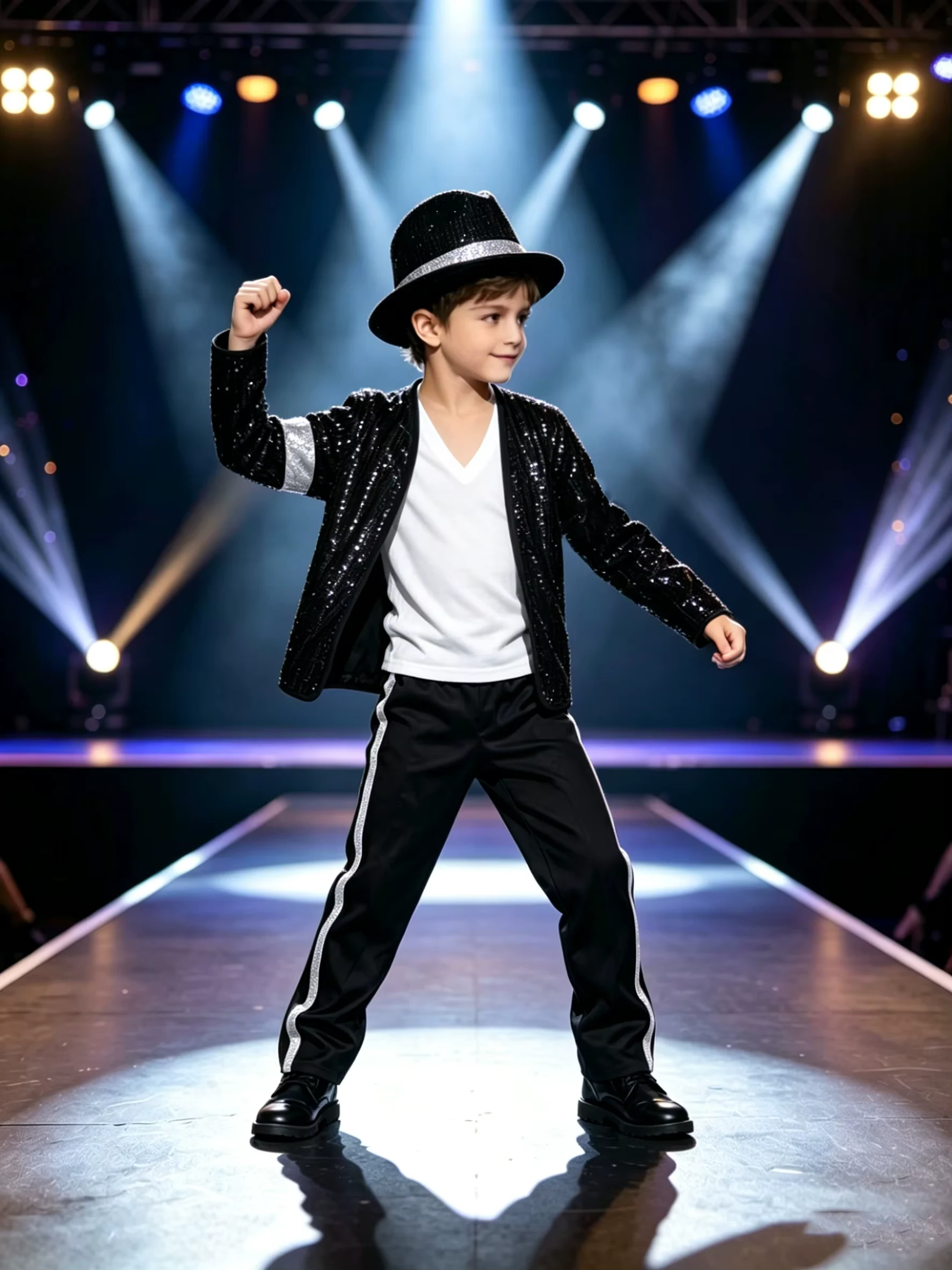 Boys full stage dressing set including long sleeve coat, basic tee, side stripe pants and matching hat, stylish costume for talent show and Halloween themed role play