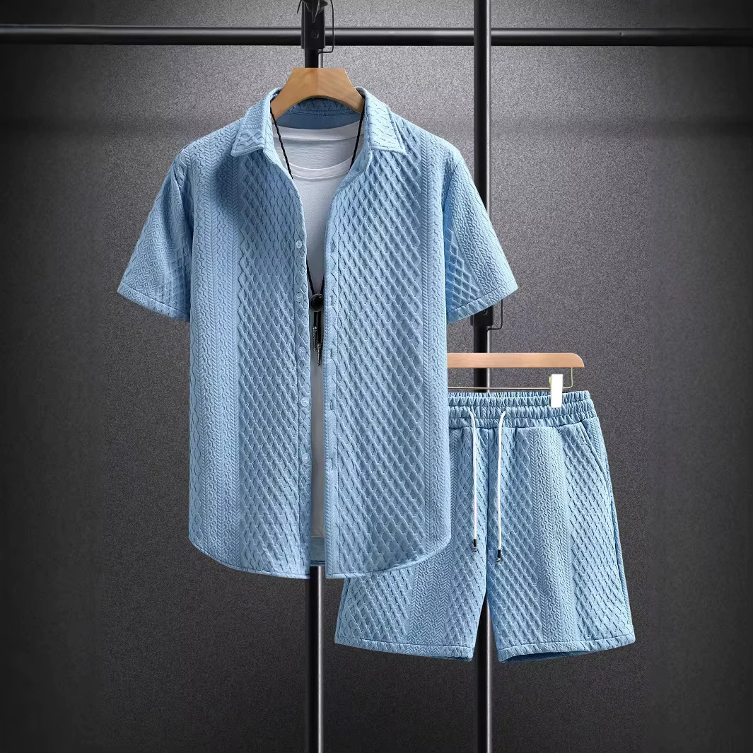 Men Casual Summer Matching Suit, Diamond Jacquard Short Sleeve Lapel Shirt, Elastic Waist Drawstring Loose Breathable Shorts