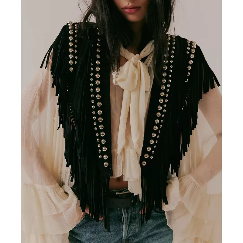 Combhasaki Women's Y2k Vintage Studded Suede Vest Coat 70s Hippie Outfits Sleeveless Open Front Tassel Patchwork Vest Collar