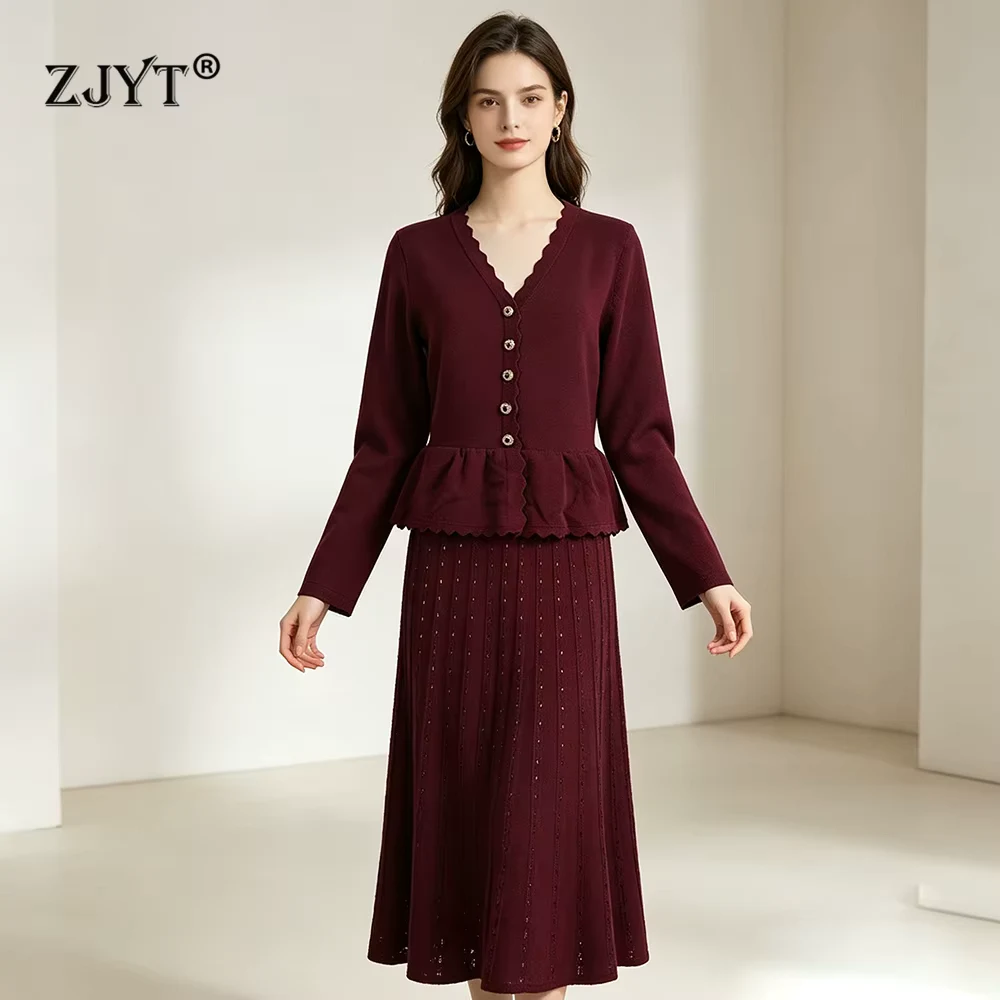 ZJYT Elegant Autumn One Piece Knitted Sweater Dresses for Women 2026 New Ruffles Patchwork Midi Beading Party Casual Day Dress