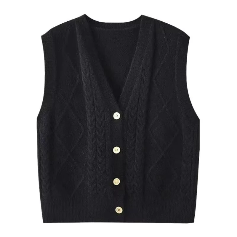 Women Solid Cable Knit Vest V Neck Button Sleeveless Cardigan Casual Sleeveless Knitted Sweater Waistcoat Ladies