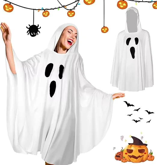 Ghost Costume For Adults, White Ghost Poncho Hooded Cape, Spooky Halloween Costume For Women/MAN