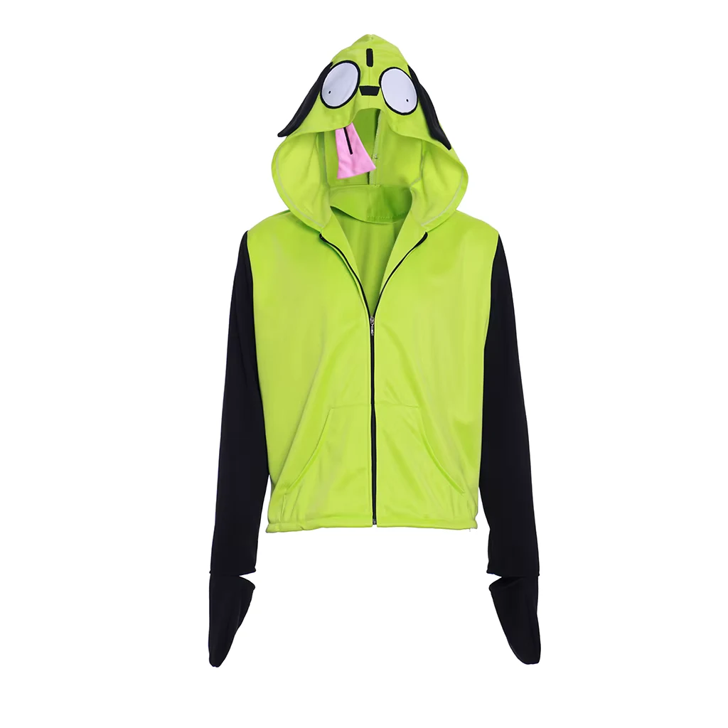 Anime Invader Cosplay Zim Costume Alien Zim Hoodie Green Casual Sweatshirt Zip Up Jackets Halloween Carnival Coat Outfit