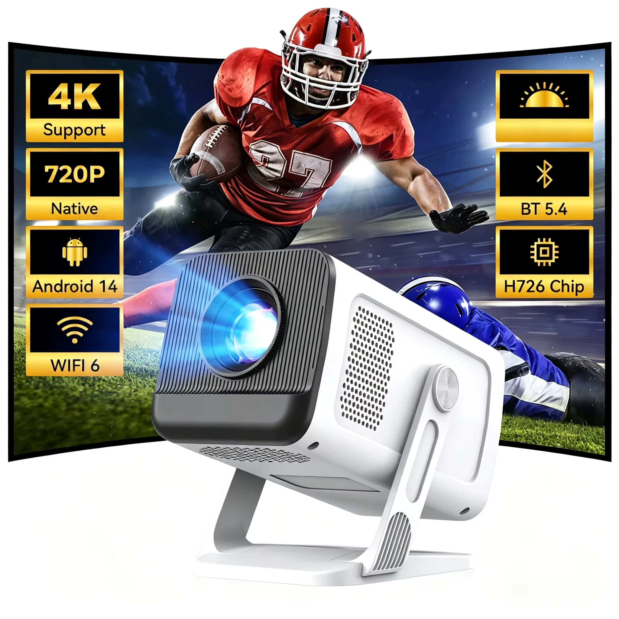Android 14 Mini Projector 720P Native 4K Ready, Bluetooth 5.0 180° Rotatable Lens, 5G WiFi 6 Portable Wireless Outdoor Home