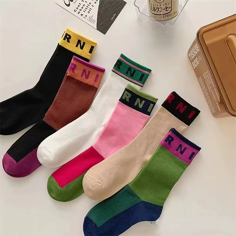 Spring and Summer New Fashion Socks Personality Simple Rib Letter Lovely Colored Women's Cotton Medium Socks