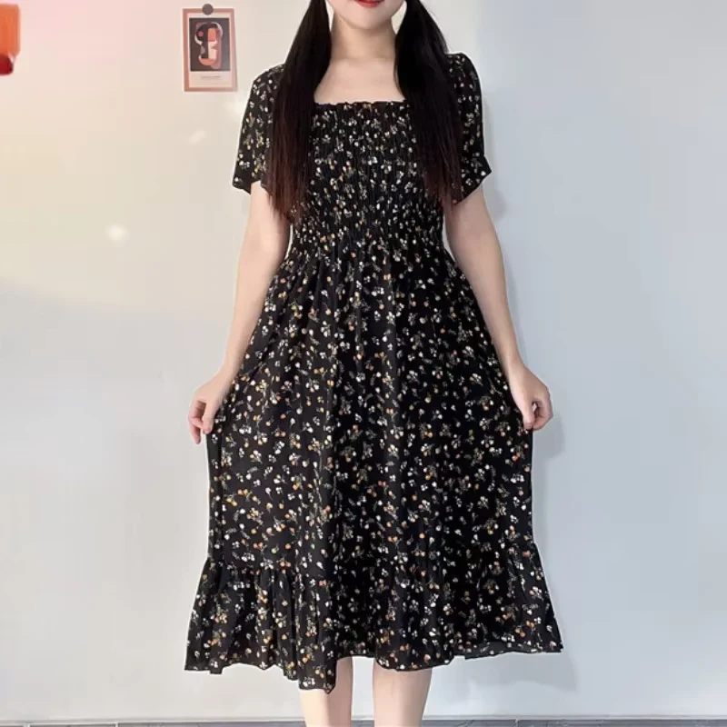 Women's Elastic Waist Floral Chiffon Midi Dress