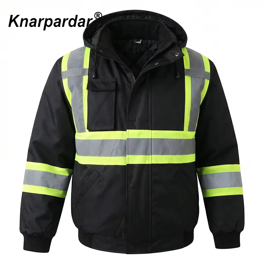 Men's Hi Vis Black Winter Bomber Jacket Waterproof Hi Vis Orange Black Warm Coat Work Jacket For Construction Warehouse Staff