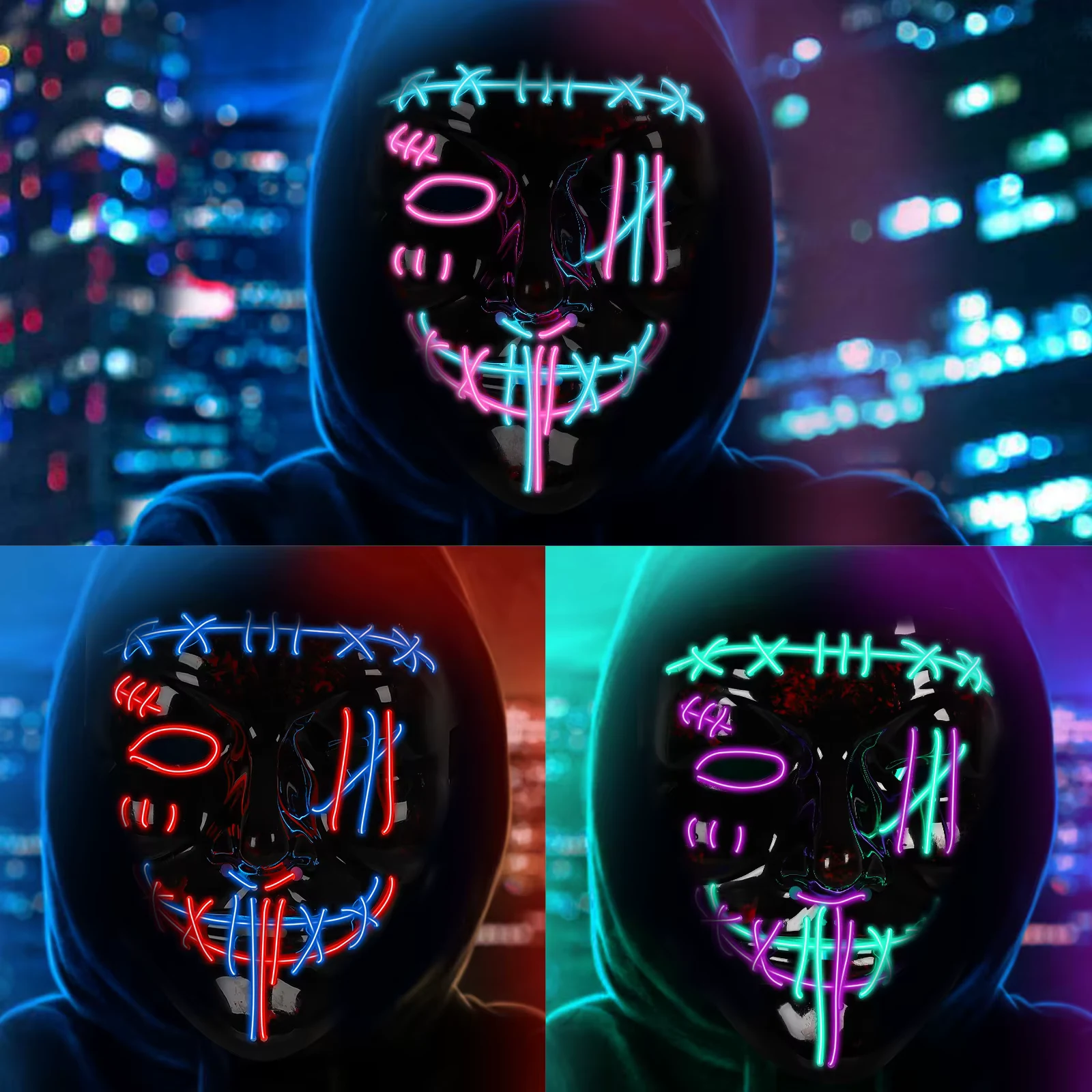 3-Pack LED Light-Up Scary Purge-Style Masks for Kids - Halloween Dress-Up Event Dress-Up, Trick-or-Treat - Multiple Glowing Color Options