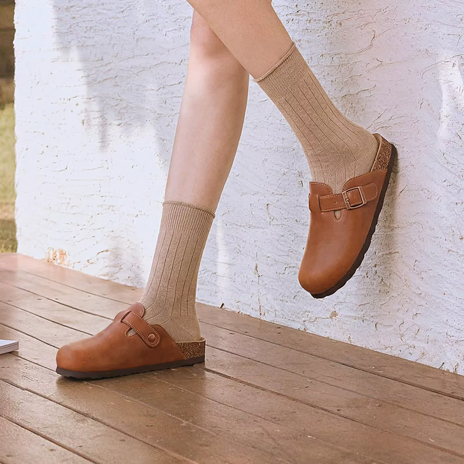 CRACOMIN Cork Insole Unisex Mules Men Vegan Leather Leiusre Clogs Slippers Anti-slip Rubber Sole Potato Shoes With Arch Support