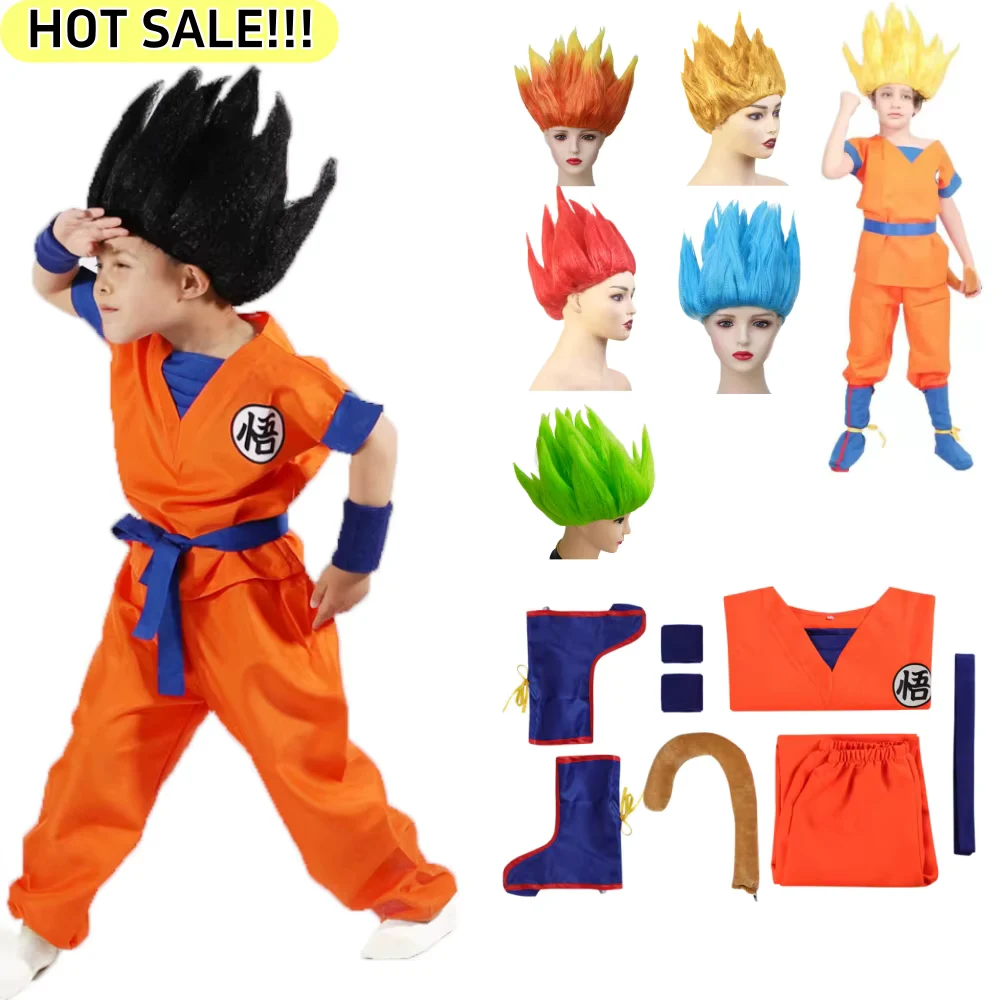 HOT SALE! Son Goku Cosplay Costume Kids Adult Men Suits Krillin Outfit Anime Party Child Costumes Super Saiyan Wig Tail Wrister