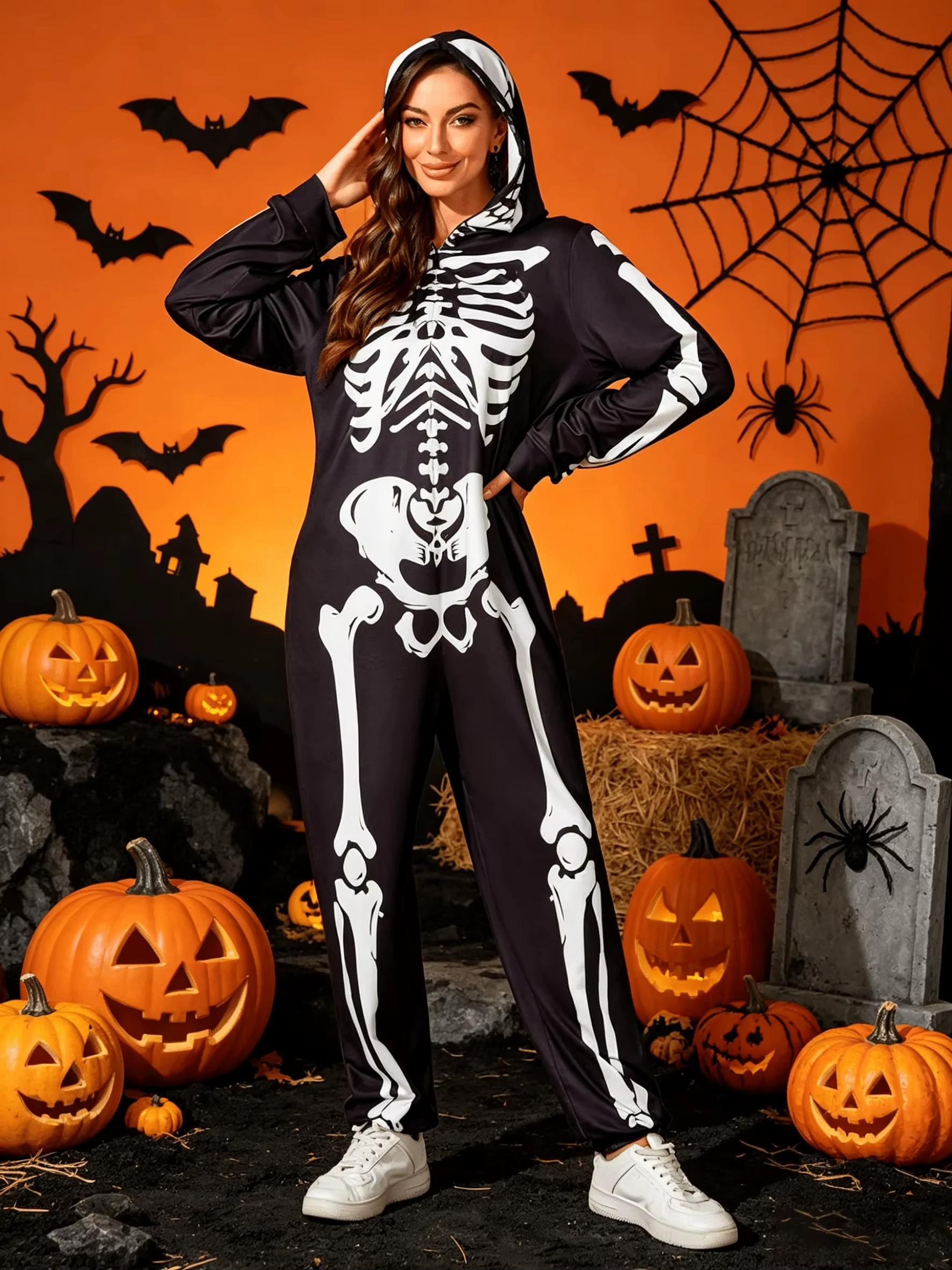 Women Skeleton Halloween Costume Hooded Jumpsuit Full Bone Print Zipper Onesie Cosplay Party Fancy Dress Outfit