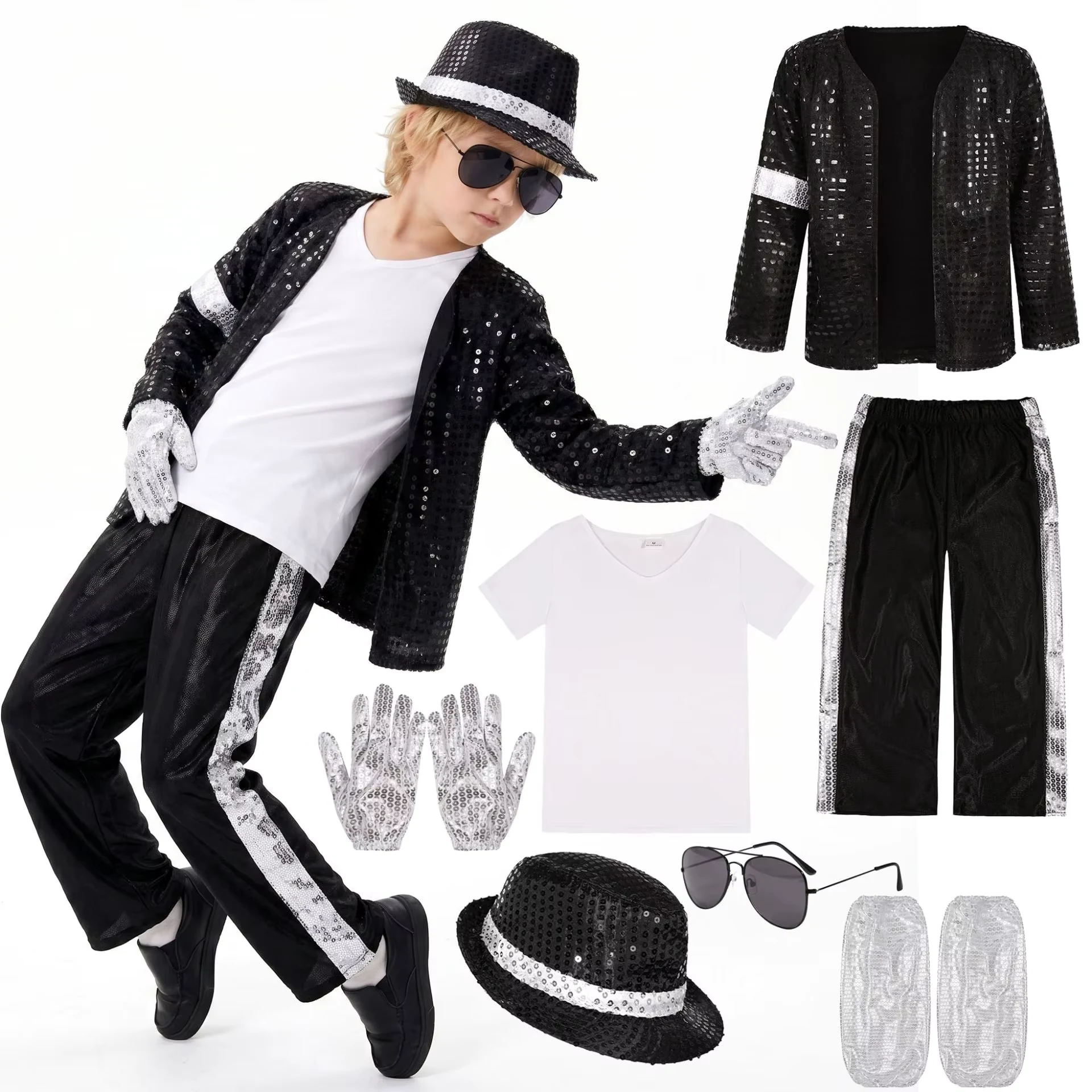 Kids Cosplay Dance Star Costume Set Metallic Shiny 80s 90s Stage Party Outfit Boy Girl Clothing Children Michael Jackson Costume