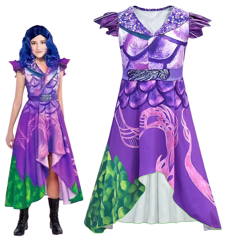 Movie Descendants 3 Evie Cosplay Dress Mal Costume Wig Children Kids Halloween Birthday Party Carnival Costume For Girls