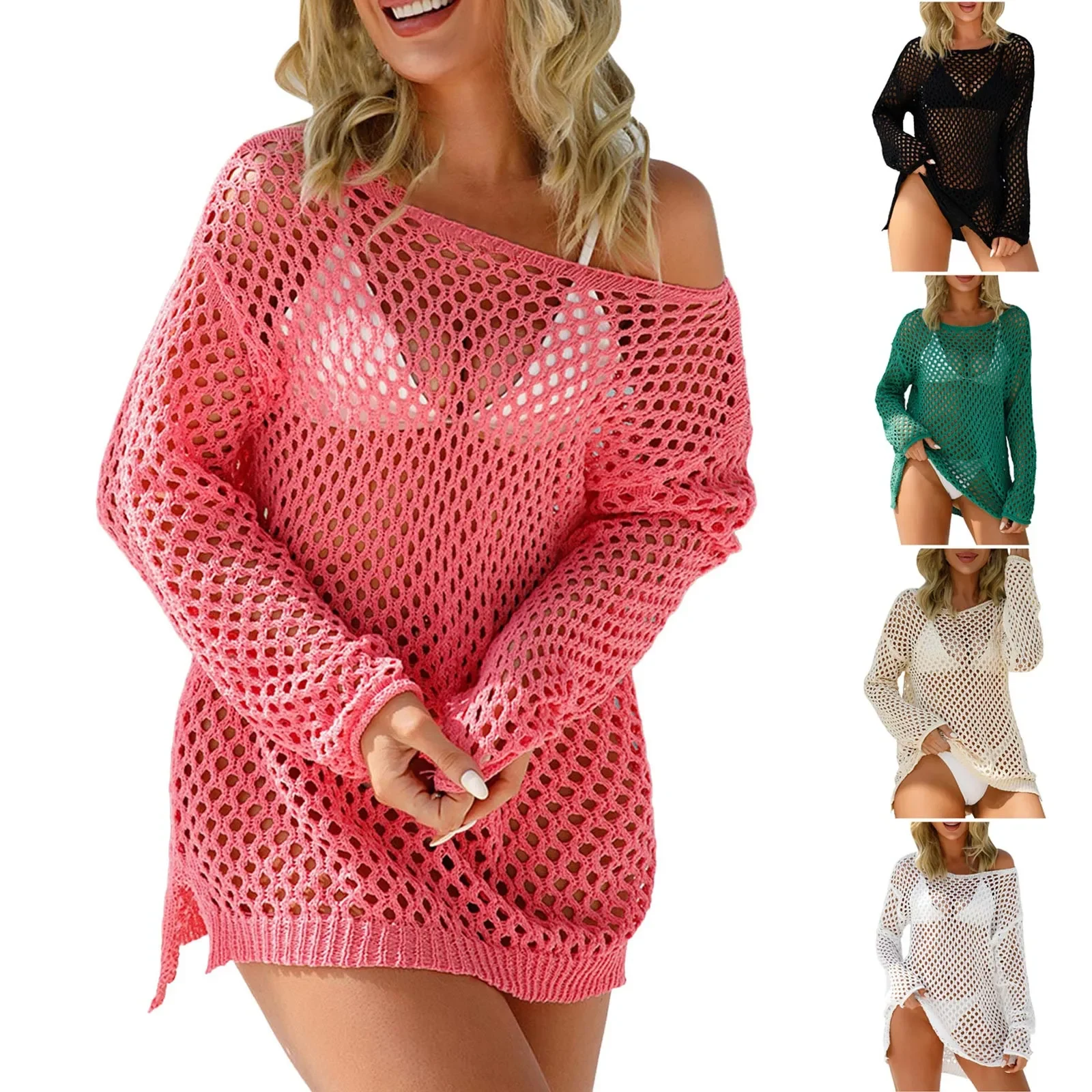 Crochet Hollow Out Sunscreen Summer Long Sleeve Tops Women Beach Bikini Cover Ups Solid Casual Crewn Neck Swimwear Short Dress