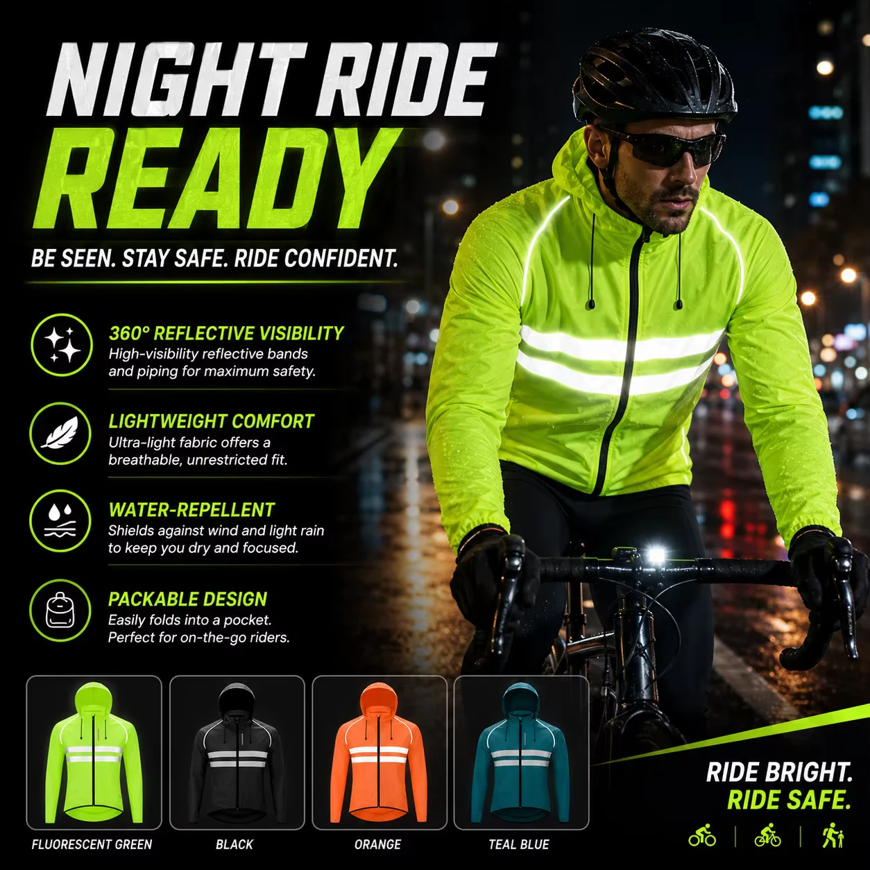 Men Cycling Jacket Reflective Hooded Windproof Water Repellent Bike Windbreaker Lightweight Packable Outdoor Coat