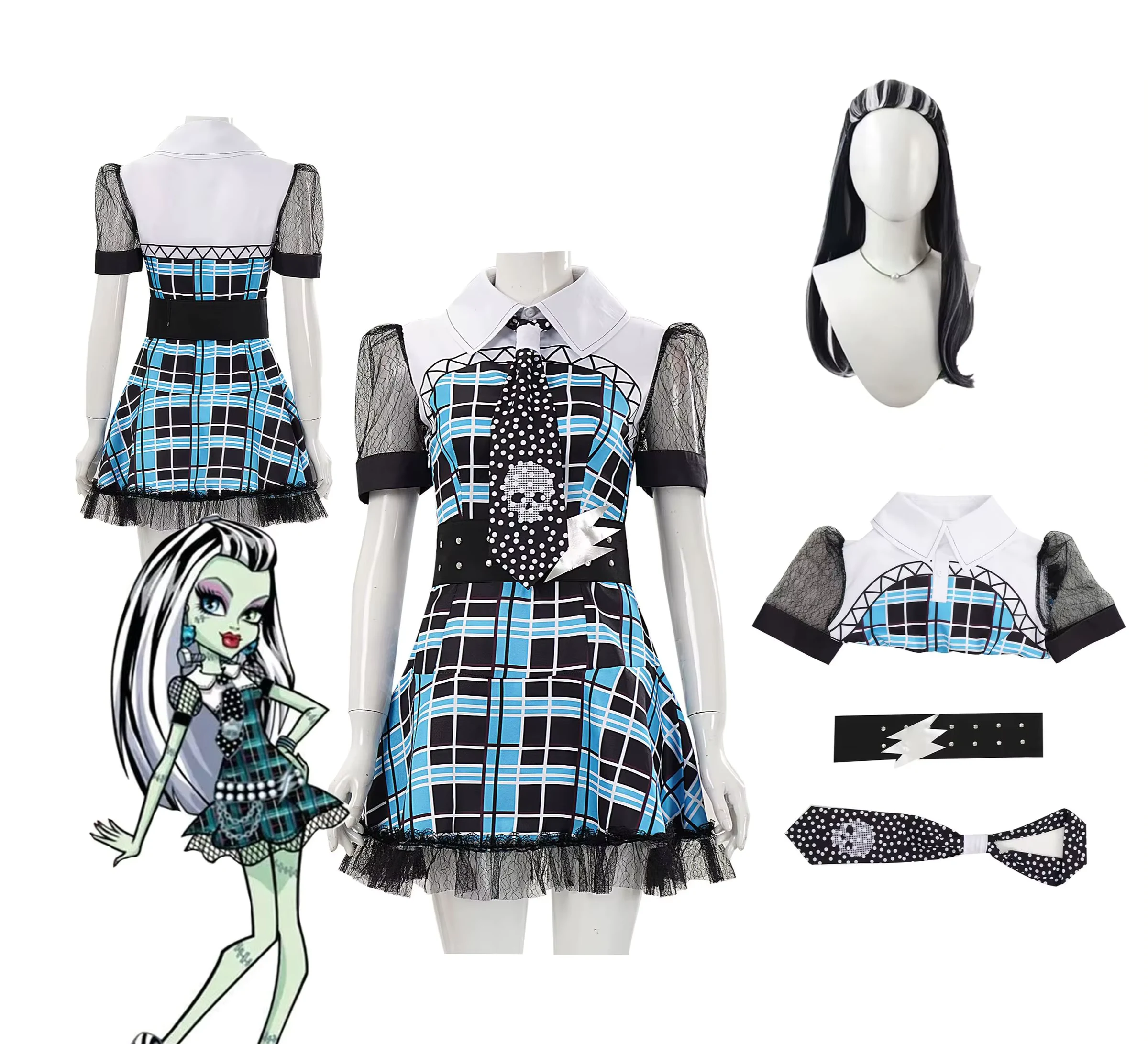 Monster Cosplay Franky Stein Dress Costume Wig Outfit Halloween Christmas Party Women Dress Up Clothes Zombie disfraz