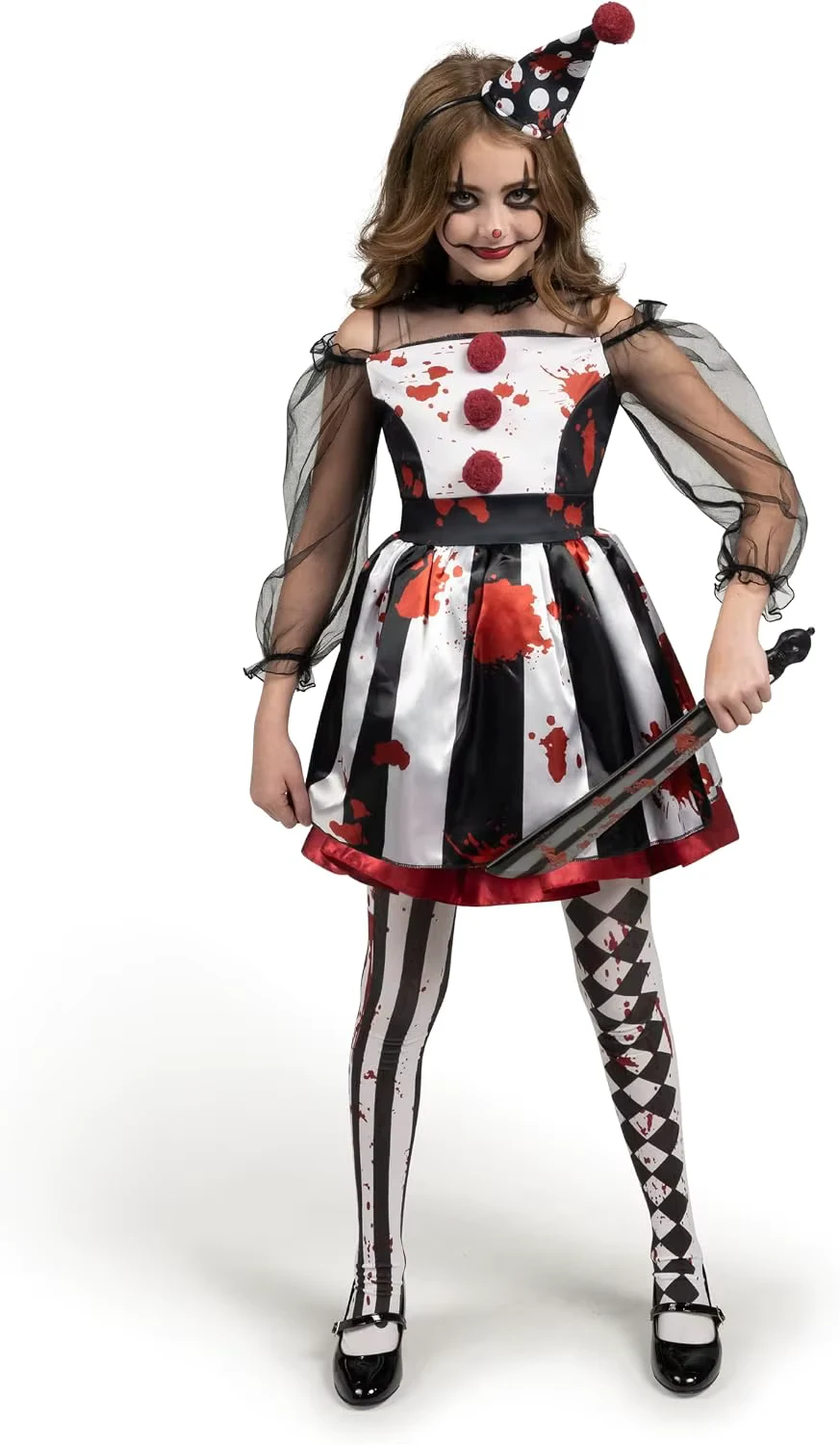 Spooktacular Creations Girls Clown Costume Scary Clown Costume Black and White Bloody Jester Dress for Girls