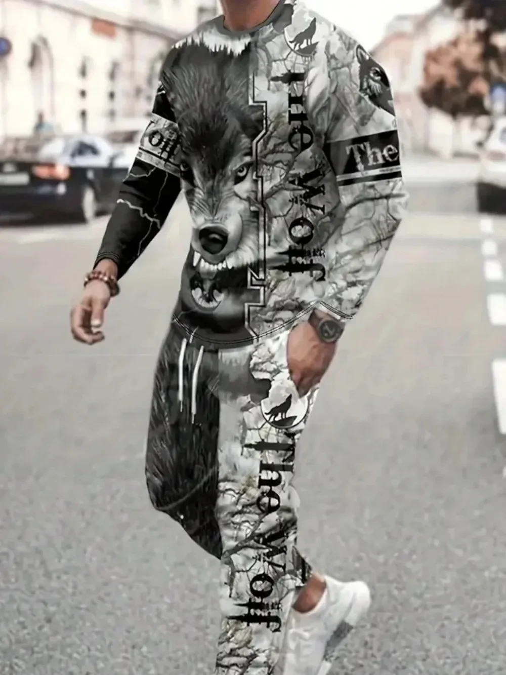Fashionable men's summer new cool lion print comfortable and breathable round neck long pants set outdoor street style two-piece