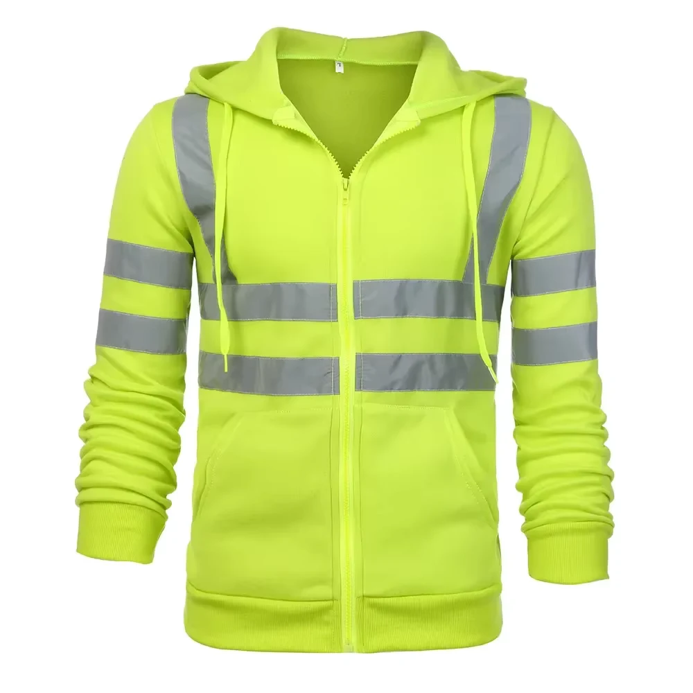 Men Reflective Strip Hoodies Casual Fit Work Safety Jackets Autumn Thin Fleece Hooded Zipper Sweatshirt Coats Workwear For Men