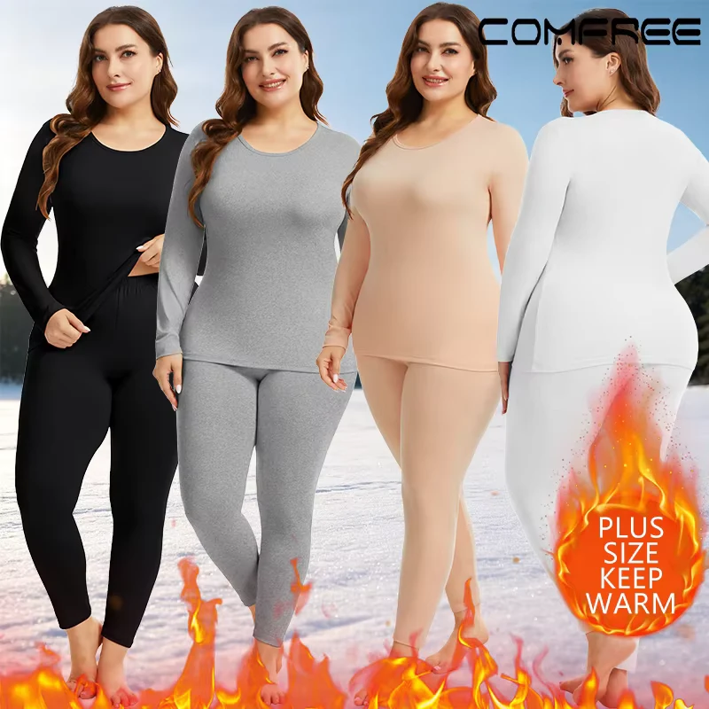 2 Pieces Women Thermal Underwear Set Plus Size Long Sleeve Top and Pant Keep Warm Long Johns Soft Pajamas For Cold Weather Thermo Breathable Base Layer XL-5XL