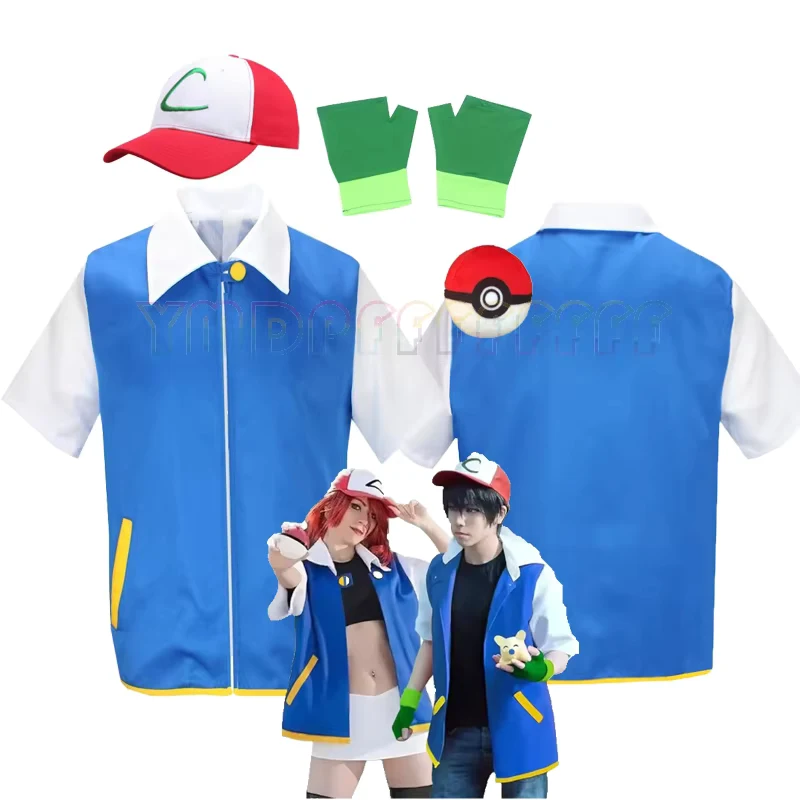 Novelty Anime Coach Role Playing Costume Ash Ketchum Easter Halloween Disfraz Carnival Party Blue Jacket Hat and Glove Set Stage