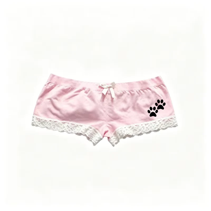 Y2K American Style Pink Cute Cat Paw Print Shorts Hot Pants with Bow and Lace Trim for Dance Summer Gothic Trendy Women Clothing