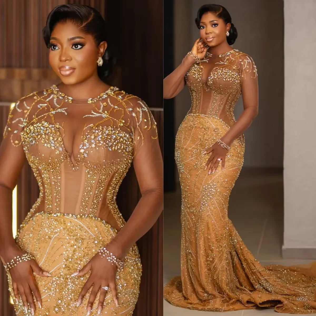 Luxury Gold Beaded Mermaid Evening Dress For Women Sheer Long Sleeve Formal Prom Gown African Party Wedding Dress Customized