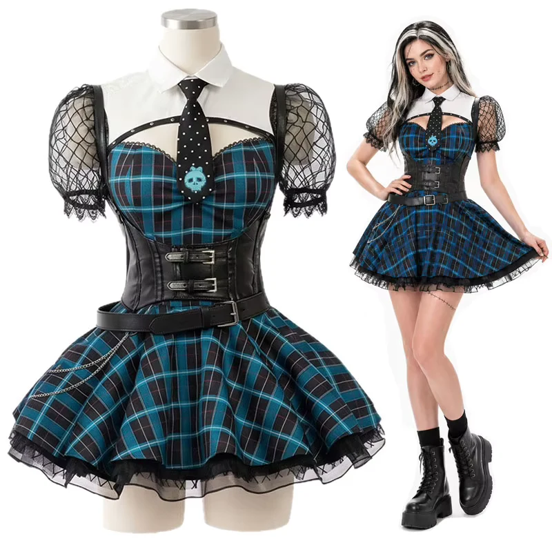 Frankie Stein Cosplay Costume Women Gothic School Uniform Anime Role Play Outfit Halloween Party Comic Con Carnival Dress