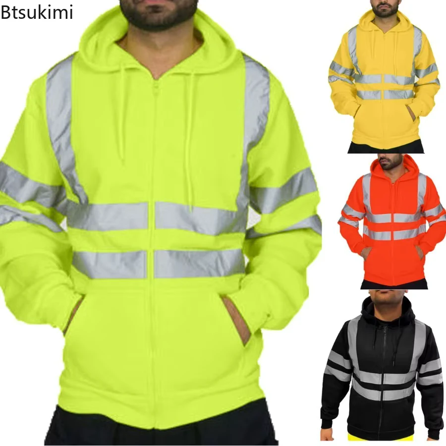 New Men's Reflective Strip Hoodie Jackets Spring Autumn Zipper Long Sleeve Fleece Sweatshirts High Visibility Night Work Jackets