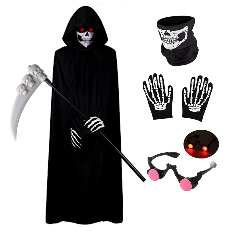 Halloween Scary Costume Grim Reaper Costume for Boys Kids Costume with Glowing Red Eyes with Gloves Mask
