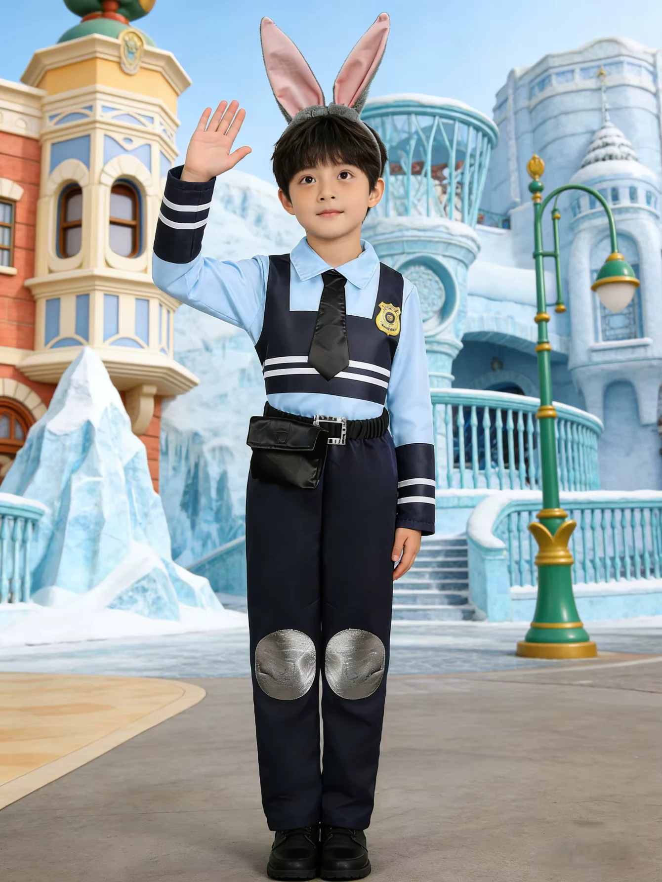 Boys police role play costume set with collared long sleeve top, straight trousers and bunny ear headband, suitable for Halloween parties and stage dressing up
