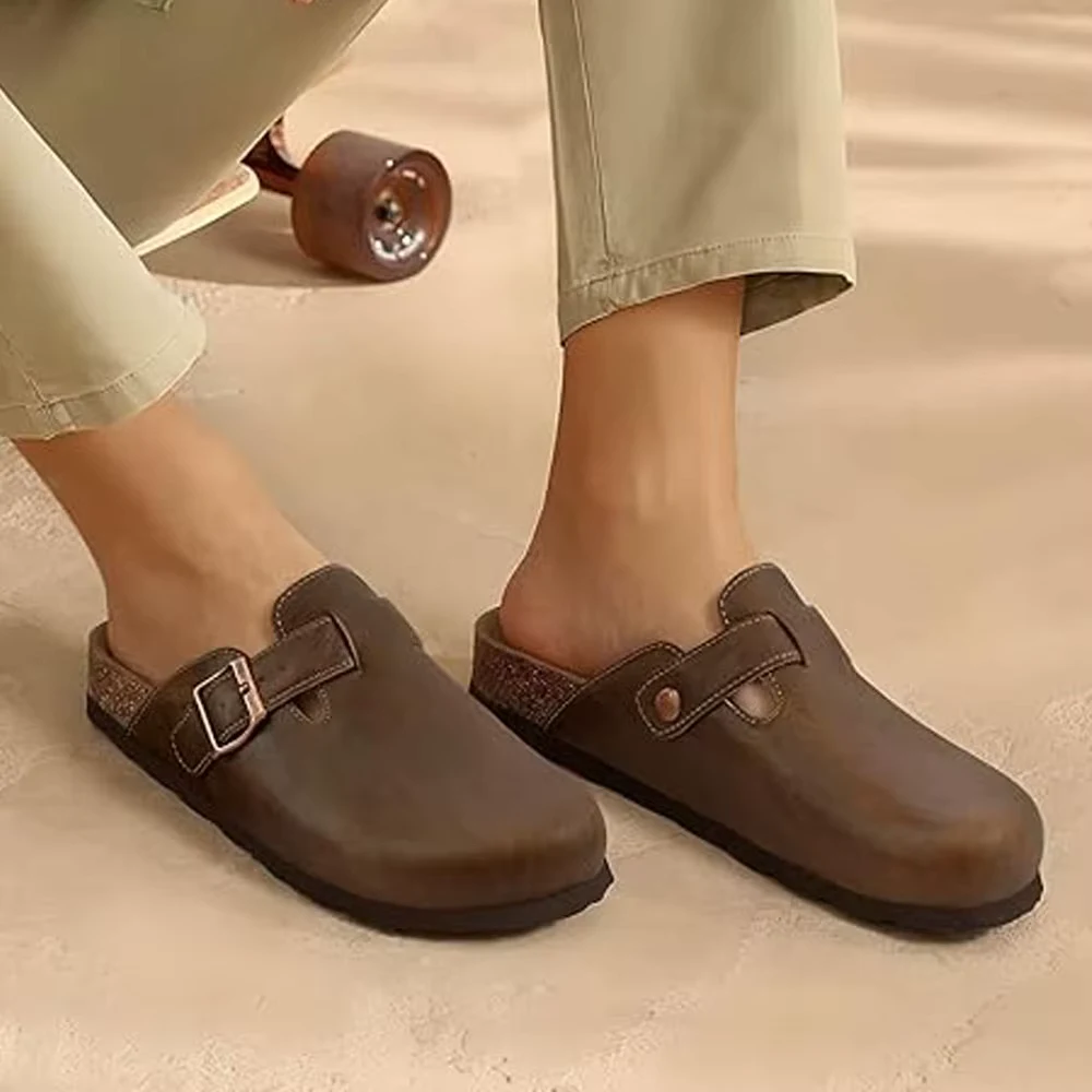 Comwarm Vegan Leather Clogs Womens Men's Cork Footbed Mules Slip on Potato Shoes with Arch Support Classic Cork Slippers shoes