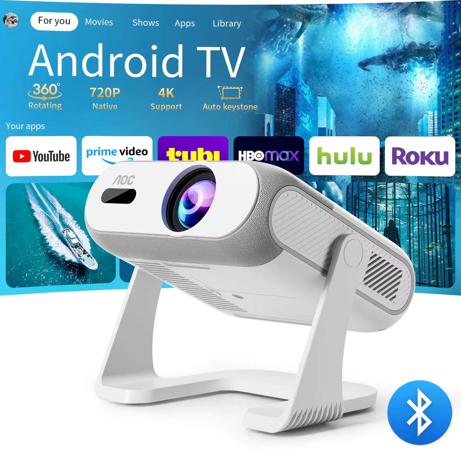 AOC HA116 Mini Smart Projector Android14 Native 720P Support 4K Decoding Auto Focus Auto Keystone 360°Rotatable Stand BT5.X Dual WiFi Portable Home Theater Projector