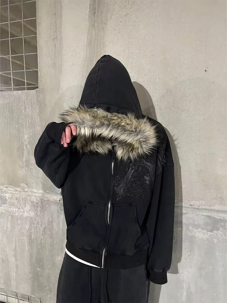 Y2K Faux Fur Collar Hoodie – Harajuku Graphic